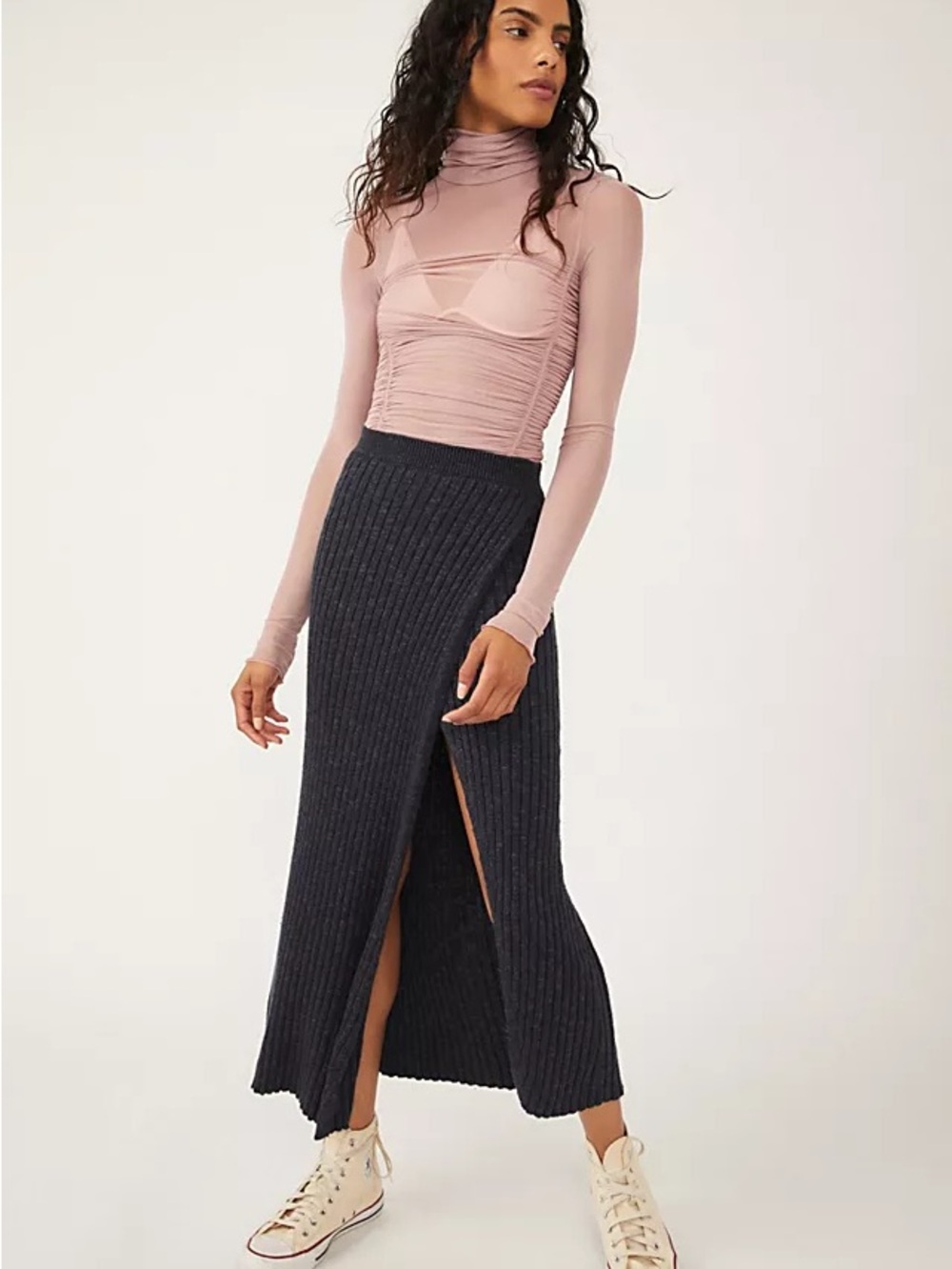 Free People Better Days Black Ribbed Maxi Skirt with High Side Slit
